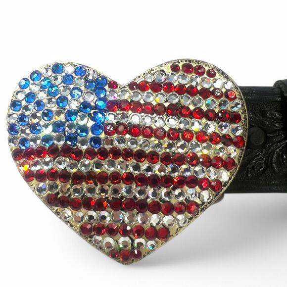 CACHE S American Flag METAL HEART Rhinestones Flag Buckle Leather Belt USA - Picture 2 of 5